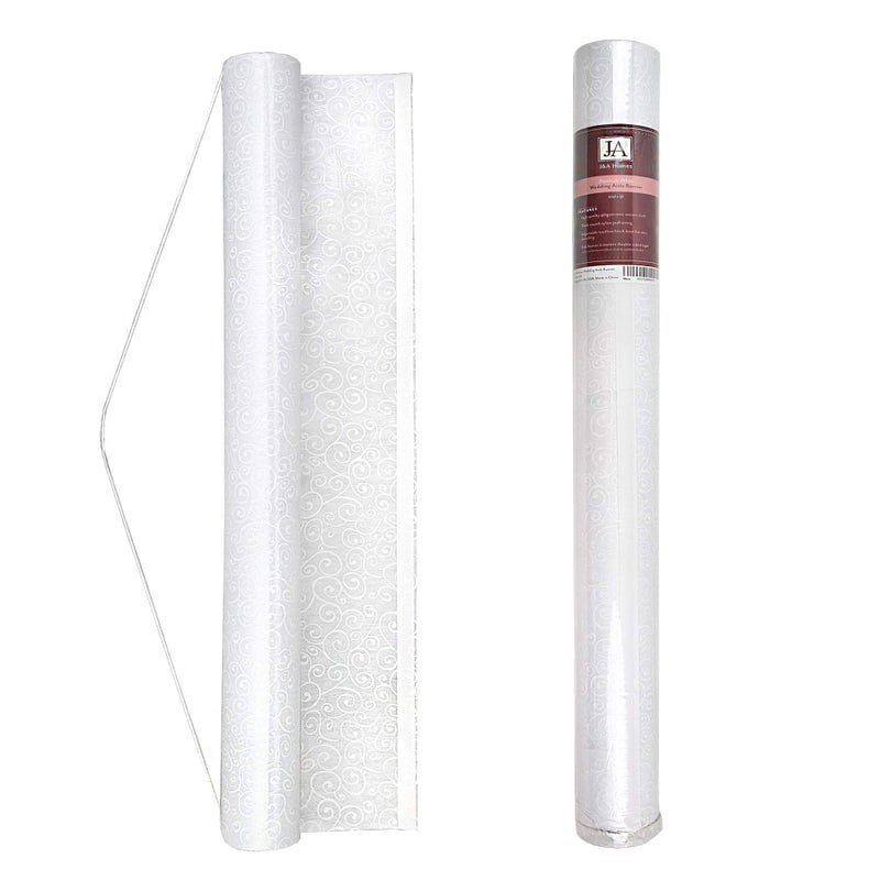 J&A Homes White Wedding Aisle Runner - Professional-Grade Nylon, Includes Tape Double-Sided Adhesive - Disposable Scroll Pattern Runner Great for Indoor or Outdoor Weddings, Prom, Parties - Image 1